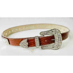 Lots Of Bling Large Buckle Women's Brown Genuine Leather Belt Size Small 31" NWT - Picture 1 of 4