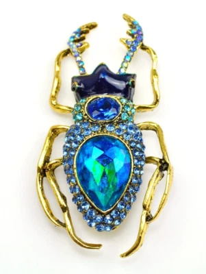 Large Beetle brooch blue Glass Rhinestone scarab brooches jewelry holiday gift - Image 1 of 4