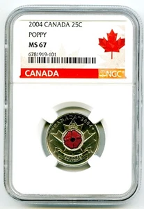 2004 P CANADA 25 CENT NGC MS67 UNC POPPY QUARTER COLORIZED RARE GRADE LOW POP - Picture 1 of 2