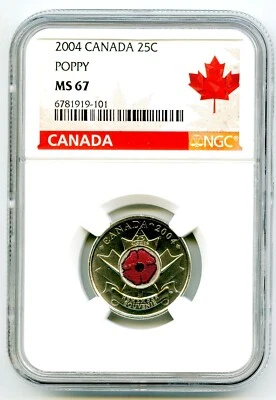 2004 P CANADA 25 CENT NGC MS67 UNC POPPY QUARTER COLORIZED RARE GRADE LOW POP - Image 1 of 2