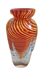 Hand Blown Art Glass Vase Orange Yellow Red Blue Tornando Swirl 7.5" Eclectic - Picture 1 of 6