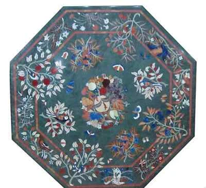 Octagonal Green Marble Tabletop with Multicolor floral Inlay Handmade Table Art - Picture 1 of 11