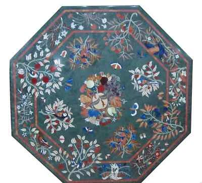 Octagonal Green Marble Tabletop with Multicolor floral Inlay  Handmade Table Art - Image 1 of 4