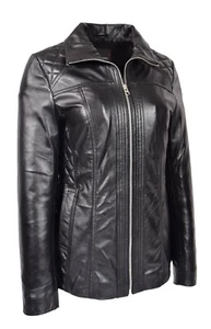 Womens Soft Black Leather Jacket Classic Fitted Quilted Hip Length Zip Fasten - Picture 1 of 63