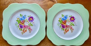 2x Colclough England Bone China Quadratisch Grün Salatteller Floral 8,2" Sehr guter Zustand-EUC - Bild 1 von 8