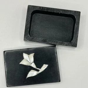 Black Soapstone Trinket Box Mother Of Pearl Inlay 1.25x3x2 - Picture 1 of 12