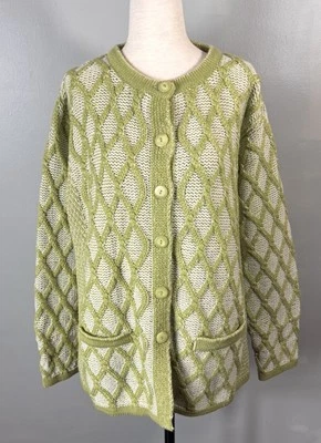 Aran Crafts Size M “ Green Diamond” Irish Merino Wool Full Button Front Cardigan - Image 1 of 4