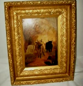 19th C Miniature Oil Painting Cattle English Sheep Cows Victorian Layered Frame - Picture 1 of 7