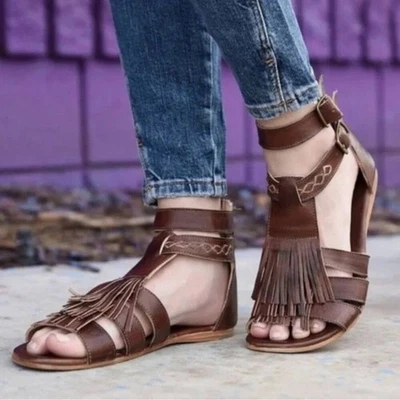 Bed Stu | Alena Boho Brown Leather Fringe Gladiator Sandals Size 8 - Image 1 of 4