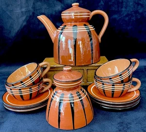 Studio Pottery Ginger & Black Vintage Hand Made Coffee Set - 7 Piece- - Picture 1 of 12