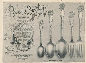 Anuncio de revista - 1894 - Reed & Barton Silversmiths - Cubiertos con patrón "La Reine" - Imagen 1 de 1