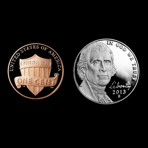 2013 S Lincoln Shield Penny and Jefferson Nickel ~ Mint Proof ~ Two Coin Set Cover