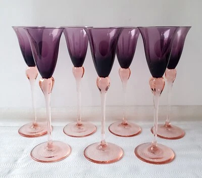 Rare Set of 7 Vintage Mikasa Galleria Amethyst & Pink Cordials / Liqueur Glasses - Image 1 of 4