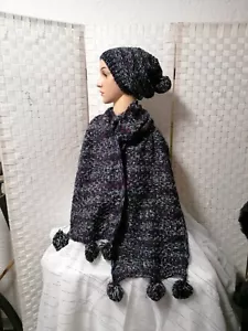Mütze Schal Bommel 2-tlg. Set schwarz meliert Strickmütze + Strickschal Neu - Bild 1 von 12