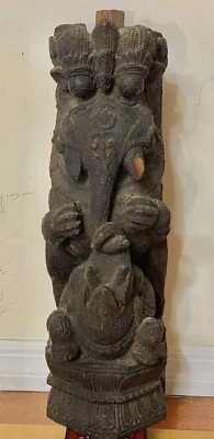 Antique 17-18th Century Indian Wood Temple Strut Carved Double Ganesha  - Image 1 of 4