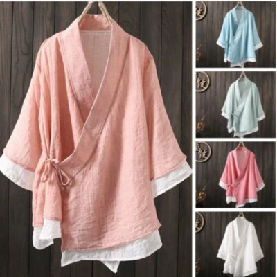 Women Chinese Retro Blouse Cotton Linen Shirt Tops 3/4 Sleeve Cardigan Hanfu - Image 1 of 4