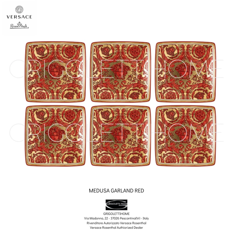 Versace Rosenthal - Medusa Garland Red - Set 6 Tasses / Soucoupes Carrée Plan