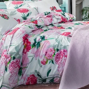 ANNE DE SOLENE PARIS LEONIE QUEEN DUVET COVER SET 2 SHAM PINK PEONY ROSE FLOWER - Picture 1 of 3