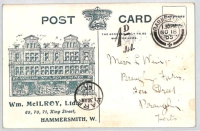 GB KEVII Postcard McILROY Advert 1905 Unpaid BARNES London *1d/41* Charge PF203 - Image 1 of 4