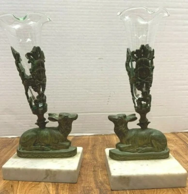 Pr Victorian Brass GARNITURES DEER with VASE INSERTS in MASK Frames Marble Bases - Image 1 of 4