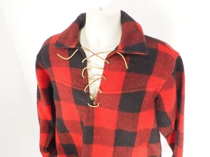 Vintage Woolrich cappotto lana pullover rosso bufalo quadri pelle pizzo taglia L grande - Foto 1 di 6