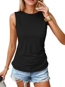 Womens Ruched Tank Tops Crewneck Sleeveless Tops - Picture 1 of 14