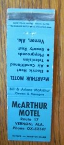VERNON, ALABAMA MATCHBOOK COVER: McARTHUR MOTEL EMPTY 1960s MATCHCOVER -E - Picture 1 of 2