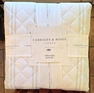 3-pc Cabbages and Roses KING Size SMART STRIPE SAGE Green Quilt Set  106" X 90" - Picture 1 of 5