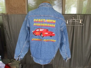 Vtg 90s COAST HIGH PERFORMANCE, TORRANCE CA Hot Rod Denim Jacket, Pro Mustang - Picture 1 of 11