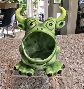 Rare 1978 Vintage Green Ceramic Bull Frog Sponge Soap Holder Horns - Picture 1 of 6
