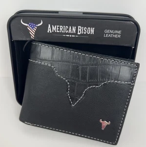 AMERICAN BISON Genuine Leather Wallet Black Croc Embossed Bifold Metal Logo NEW - Picture 1 of 13