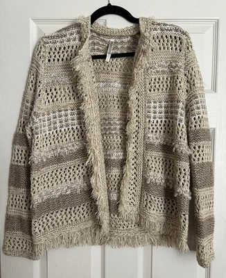 Monoreno Tostado Beige Marfil Crochet Flecos Suéter Cárdigan Chaqueta Mujer’s Talla L Foto 1 de 4