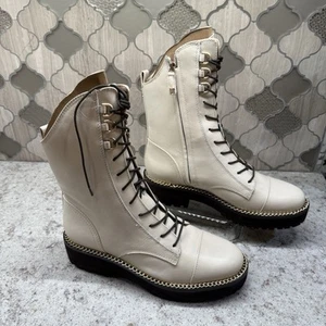 Sam Edelman Lenley Modern Ivory Leather Combat Boots Gold Chain Sz 8 H8592L2100 - Picture 1 of 11