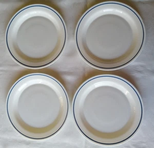 4 PYREX Milk Glass Rimmed Pasta Salad Plates White with Blue Stripe on rim - Picture 1 of 3
