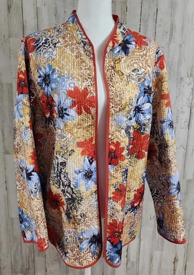 Alfred Dunner 女式 16W 码蓝色橙色花卉夹克外套绗缝 — 第 1/3 张图片