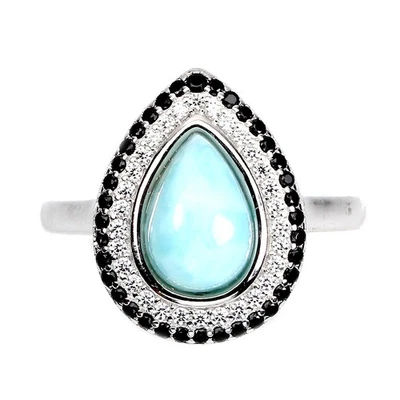 Anello in argento sterling 925 pera blu Larimar 9x6 mm spinello gemma gioielli - Immagine 1 di 4
