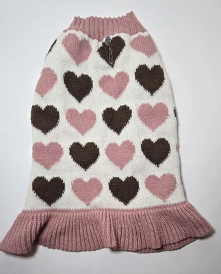 Vibrant Life Small Dog Sweater Dress Pink & Brown Hearts 100% Acrylic Knit USED - Image 1 of 4
