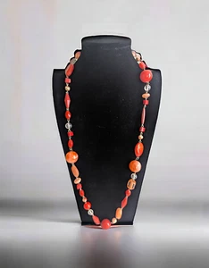 30" Vintage Dark Orange and Peach Bead Chunky Fashion Necklace - Picture 1 of 4