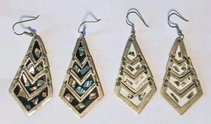2 Pair Vintage Mexico Alpaca Silver Dangle Earrings Chevron Abalone Shell Nice - Picture 1 of 10
