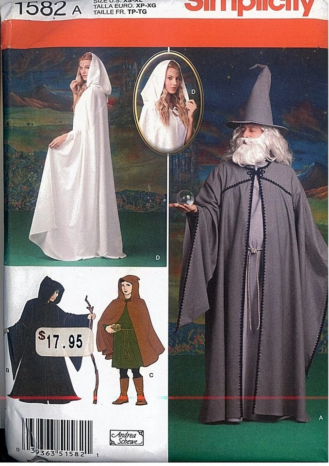 Simplicity Pattern 1582 D0802 Cape Wizard Costumes Adults XS S M L XL Uncut