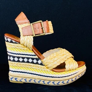 MIA platform sandals 9 yellow woven tall wedge vintage boho espadrille shoes - Picture 1 of 11