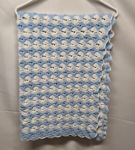 Vintage 80's Hand Crocheted Blue & White Baby Blanket Scalloped Edges 44" X 34"