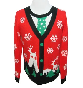 UGLY CHRISTMAS SWEATER Men's (Size Large) Red Reindeer Snowflake Long Sleeve Top - Picture 1 of 4