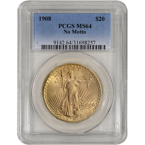 US Gold $20 Saint-Gaudens Double Eagle - PCGS MS64 - 1908 No Motto Cover