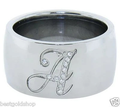 Brillante Juego Ancho Pavé Cristal Inicial Banda Anillo QVC Acero Inoxidable por Diseño Foto 1 de 4