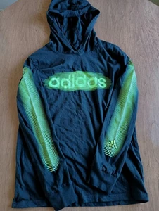 Adidas Boys Black Green Long Sleeve Hooded Shirt Size Large 14/16 - Picture 1 of 20