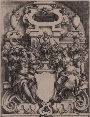 DIETTERLIN `IONISCHE ORDNUNG, LEERES WAPPEN, SCHILDHALTERINNEN´ RADIERUNG, 1598 - Bild 1 von 3