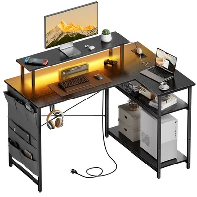 Schreibtisch L Form mit Monitorständer, Gaming Tisch mit LED & Steckdosen - Bild 1 von 4