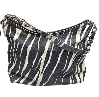 Bolso de mano Kate Spade NY gris oscuro y blanco estampado de cebra superior cremallera cadena correa Foto 1 de 4
