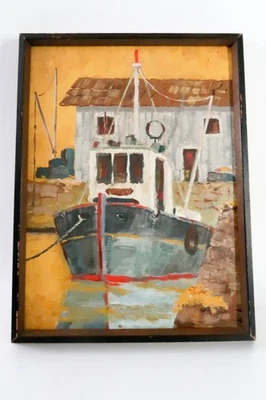 船上航海油画 9 x 12 英寸渔船停泊在港口签名 — 第 1/4 张图片